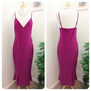 Express V Neck Flounce Hem Sleeveless Fitted Midi Dress Deep Fuchsia Pink Large